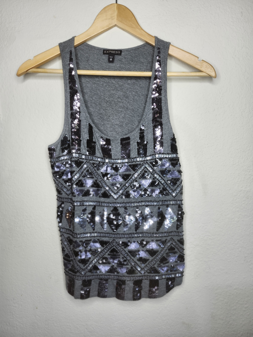 Express Gray Sequin Tank Top with Geometric Pattern